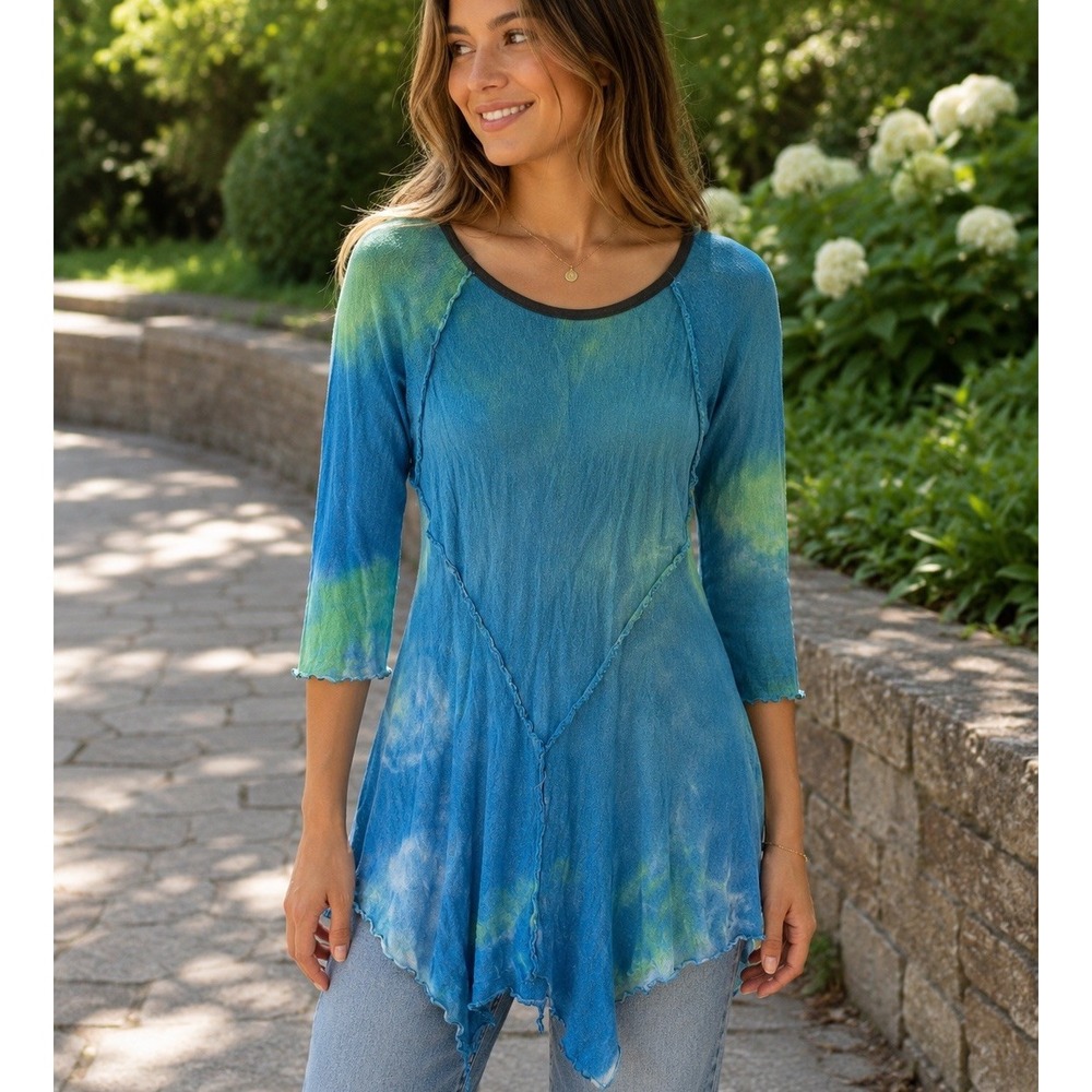 Free People Intimately Layering Top XS Frayed Hem Tunic Boho Tie Dye 3/4 Sleeves